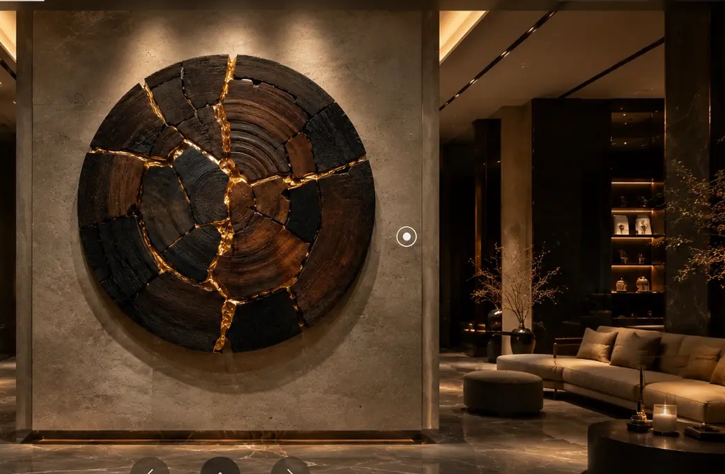 Kintsugi Samsara — round wood wall art broken and rejoined with gold at 240 cm diameter × 18 D cm, shown installed in an entry foyer