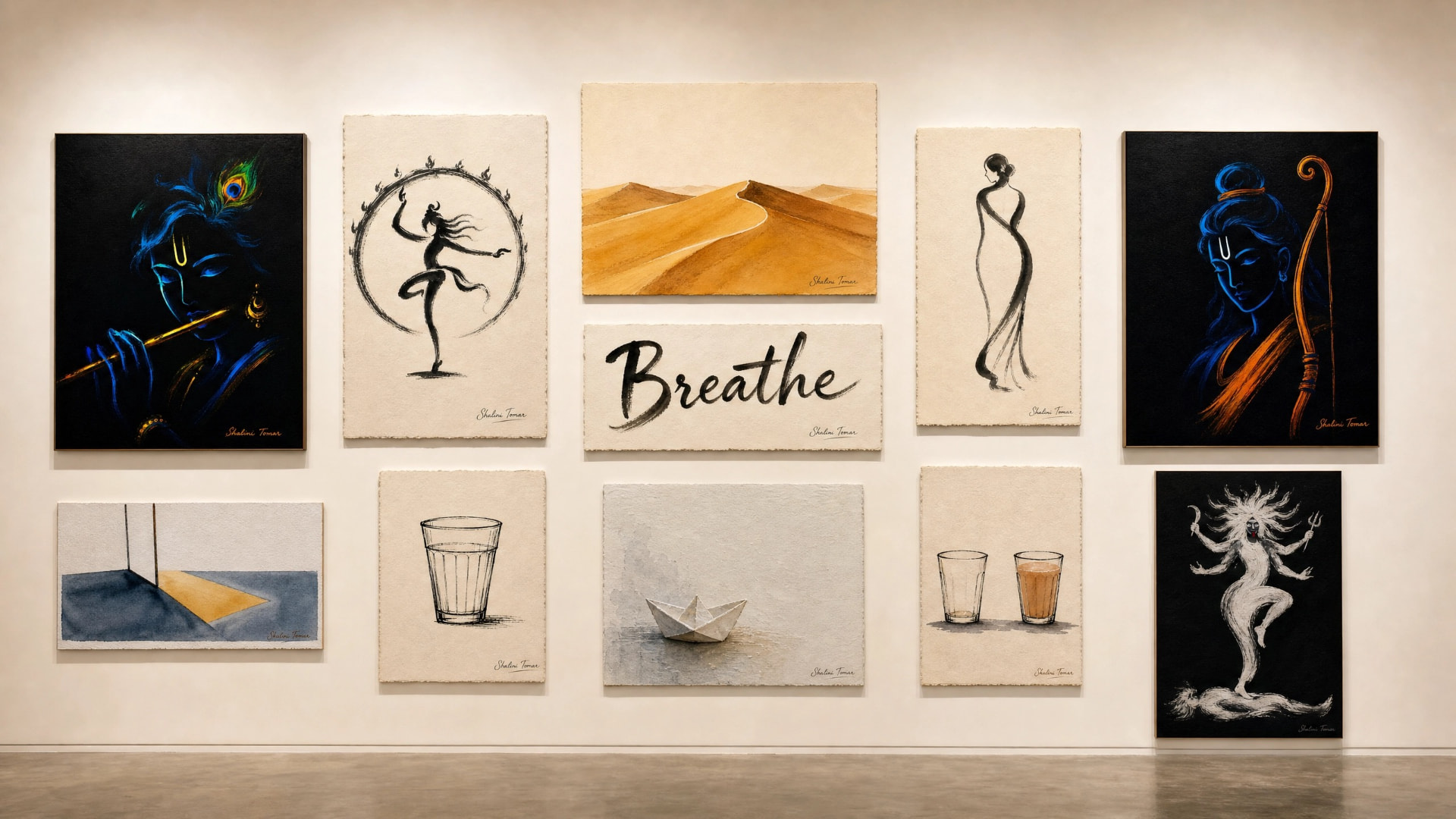 A gallery wall of ten original Sthuthi Art paintings — Krishna with the flute, Nataraja, desert dunes, a Breathe ink work, chai glasses and a paper boat