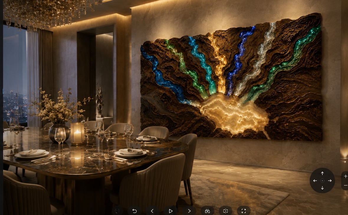Seven Rivers / One Ocean — wall art with 7 glowing lines that all meet in the middle at 300 W × 180 H × 22 D cm, shown installed in a formal dining room