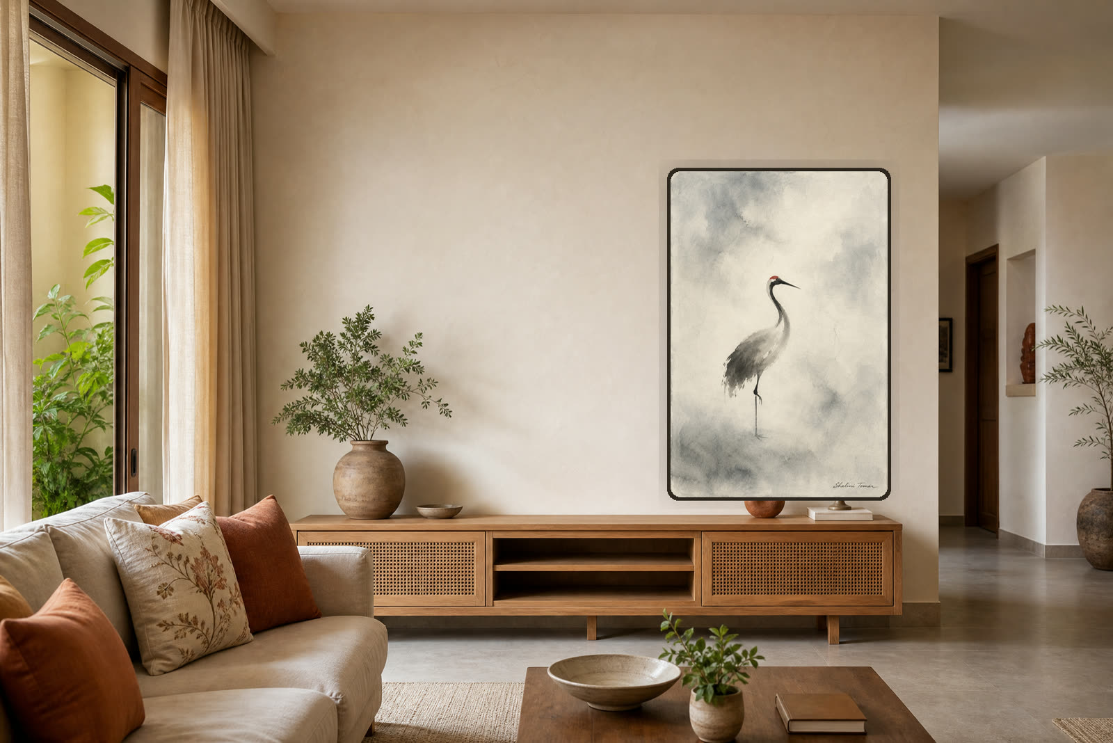 Crane in Morning Mist — Warm living room