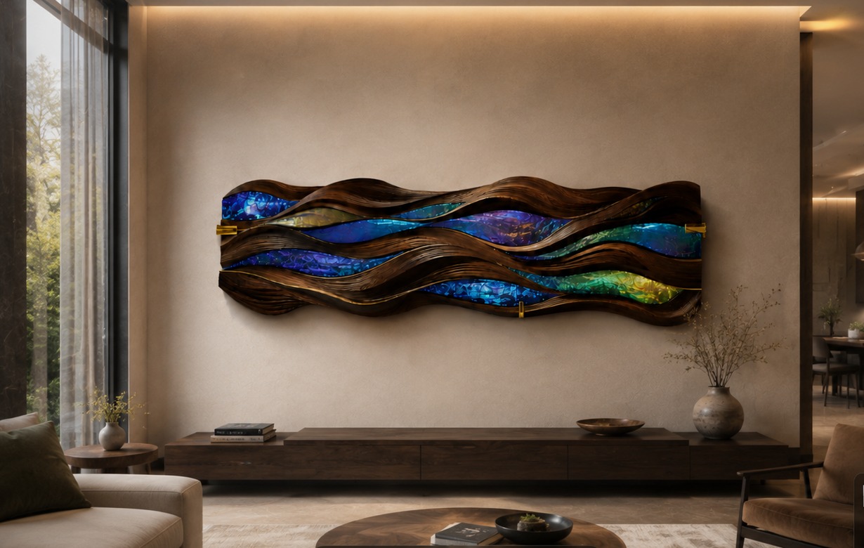 Monsoon / Aurora — wall art that changes color as you walk past it at 260 W × 110 H × 18 D cm, shown installed in a daylit living room