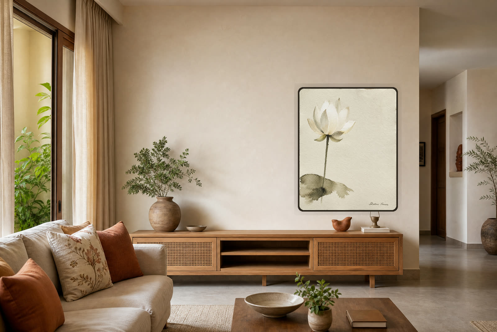 Ivory Lotus in Stillness — Warm living room