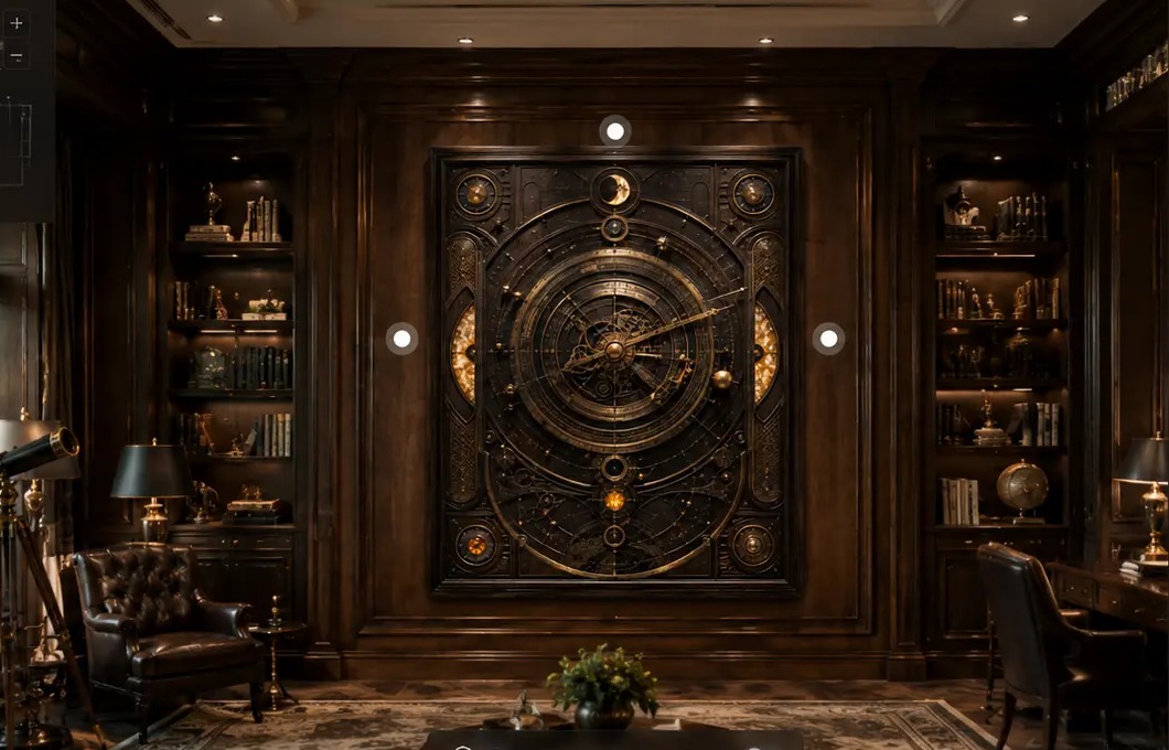 Celestial Mechanism — wall art with real moving brass parts that show moon phases and time at 240 W × 300 H × 30 D cm, shown installed in a panelled study