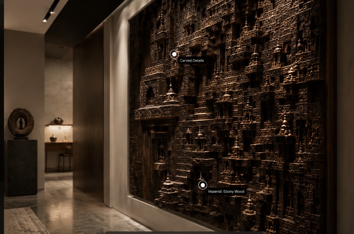 The Impossible City — deep carved wall art with an optical illusion at 220 W × 260 H × 18 D cm, shown installed in a gallery hallway