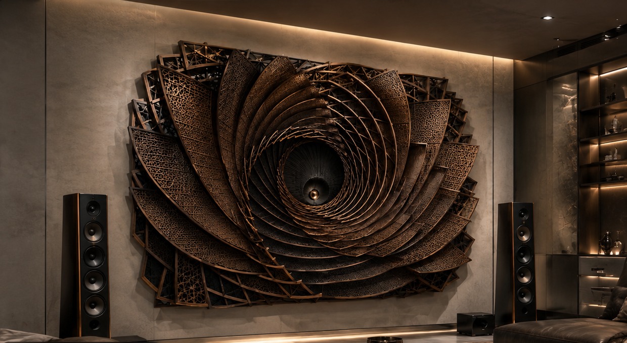 The Silence Engine — carved wood wall art that also blocks noise at 305 W × 180 H × 24 D cm, shown installed in a media lounge