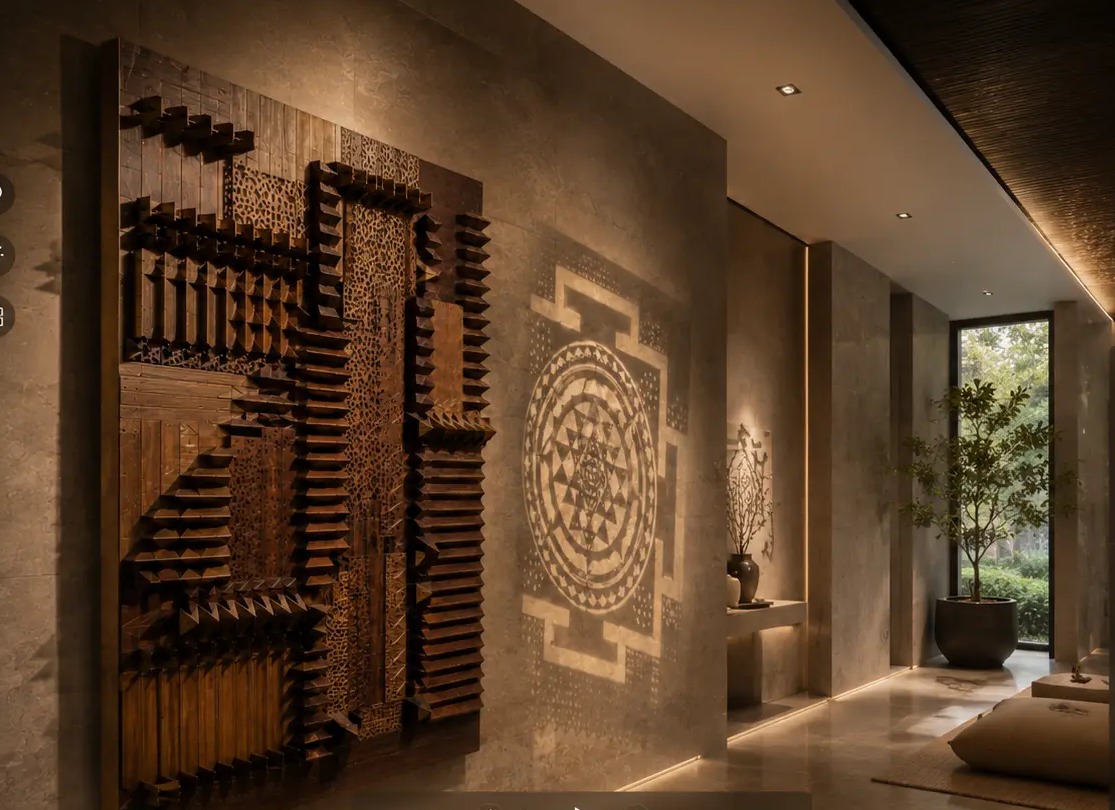 The Shadow Language — wall art with a secret message that only shows up in sunlight at 180 W × 240 H × 28 D cm, shown installed in a meditation room