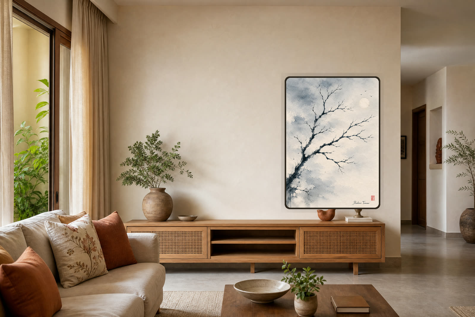Moon Over Winter Branches — Warm living room