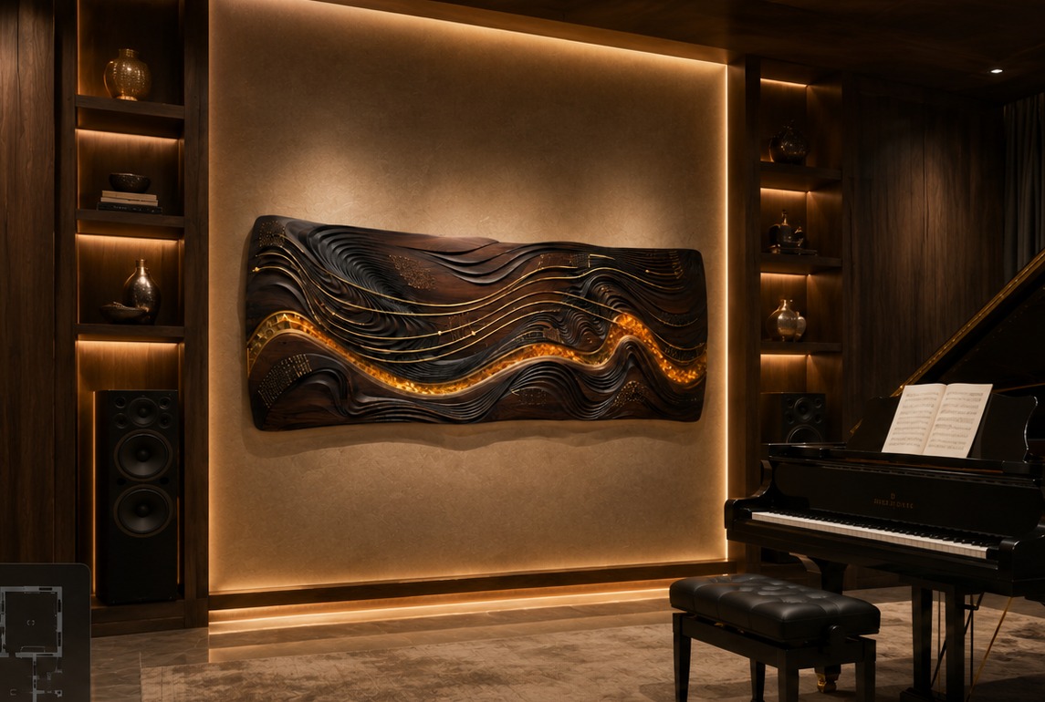 Raga / Resonance — wall art shaped by your favorite music, that also improves room sound at 280 W × 130 H × 20 D cm, shown installed in a music room