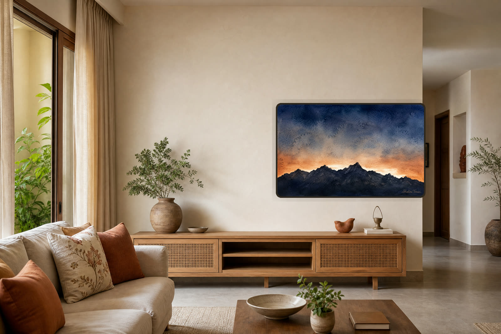 Ember Dawn Over the Peaks — Warm living room