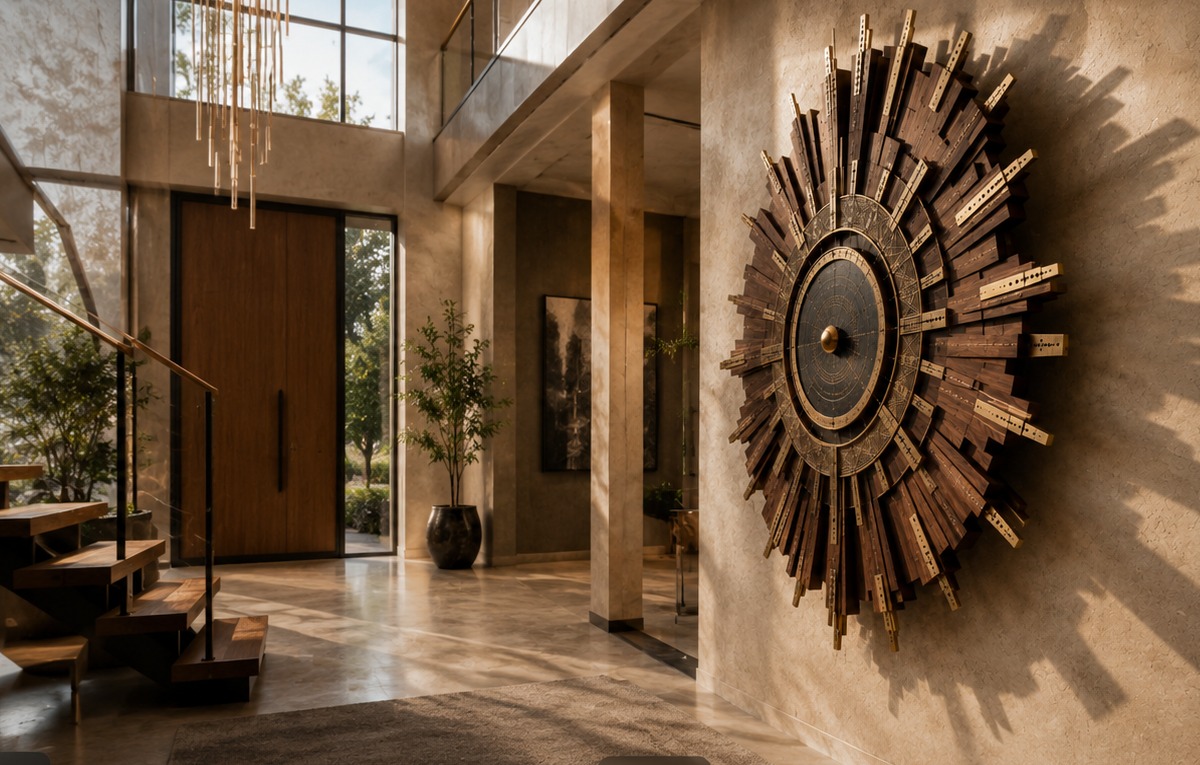 Solar Temple — wall sculpture whose shadow changes with the sun at 220 W × 220 H × 28 D cm, shown installed in a double-height entrance foyer