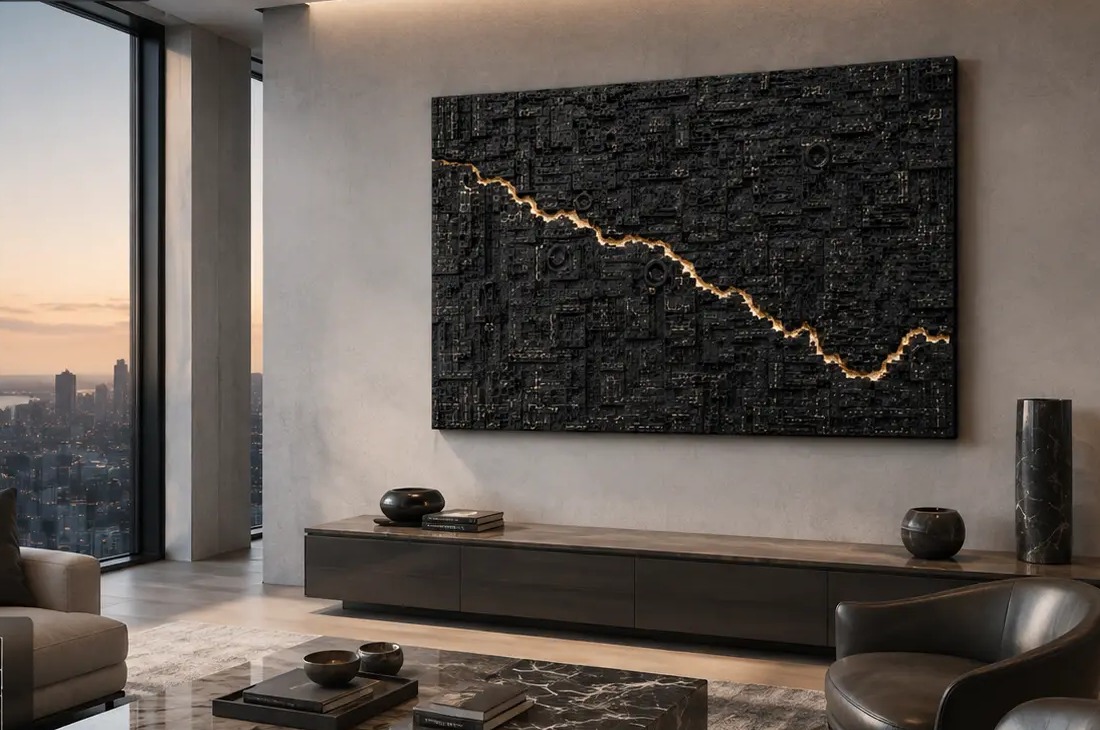 Worldline — One of One — wall art made from your own life story at 300 W × 180 H × 18 D cm, shown installed in a penthouse living room